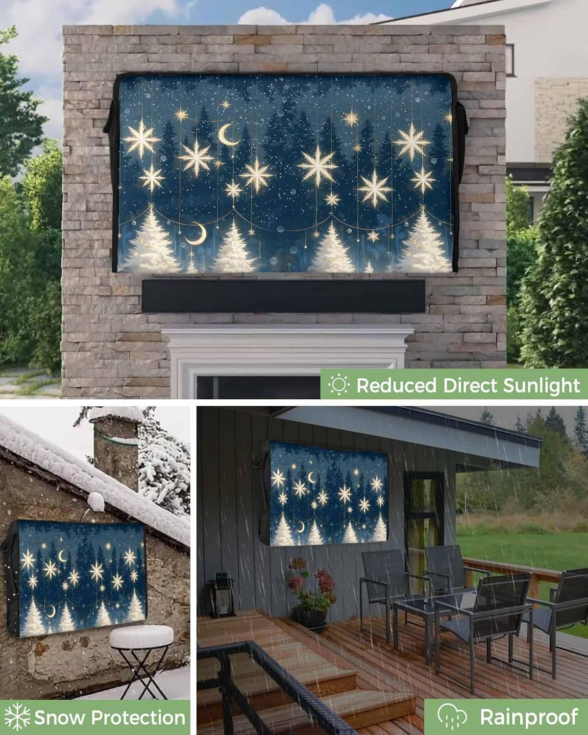 Christmas Outdoor TV Cover 80"-85" - 600D Waterproof TV Cover Weatherproof TV Screen Protector Dustproof Winter White Xmas Tree Moon Ornaments Snowflake Blue TV Display Protector for Flat Screen TV