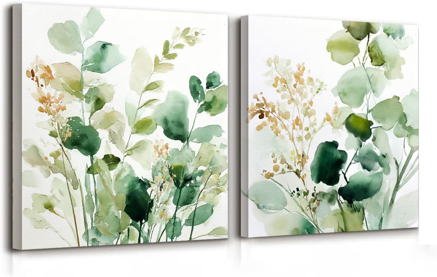Ansouyi Spring Set of 2 Canvas Wall Art, Watercolor Green Leaves Botanical on Canvas Prints Artwork for Living Room Bedroom Bathroom Office Modern Home Decorations, 12x12 inch