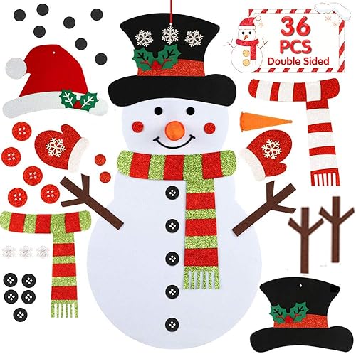 OurWarm Muñeco de nieve de fieltro para pared de niños, 3.2 pies de doble cara de fieltro de Navidad con 35 adornos desmontables con purpurina,