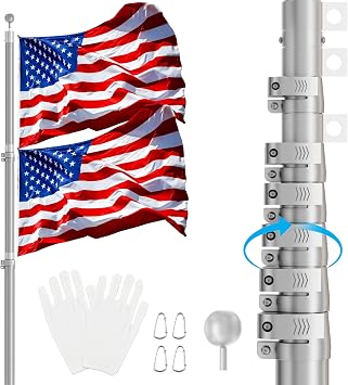 20FT Telescoping Flag Pole Kit,Heavy Duty Aluminum Flag Poles for Outside Inground with 3x 5 American Flag & Black Ball Topper, Flag Pole Kit for Yard, Residential and Commercialn, Silver