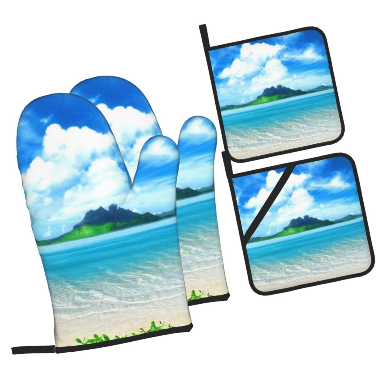 Tropical Palm Tree Hawaii Beach Printed Oven Mitts and Pot Holders Heat Resistant Set of 4 Pcs, Modern Kitchen Gloves & Potholders for Cooking Baking Grilling