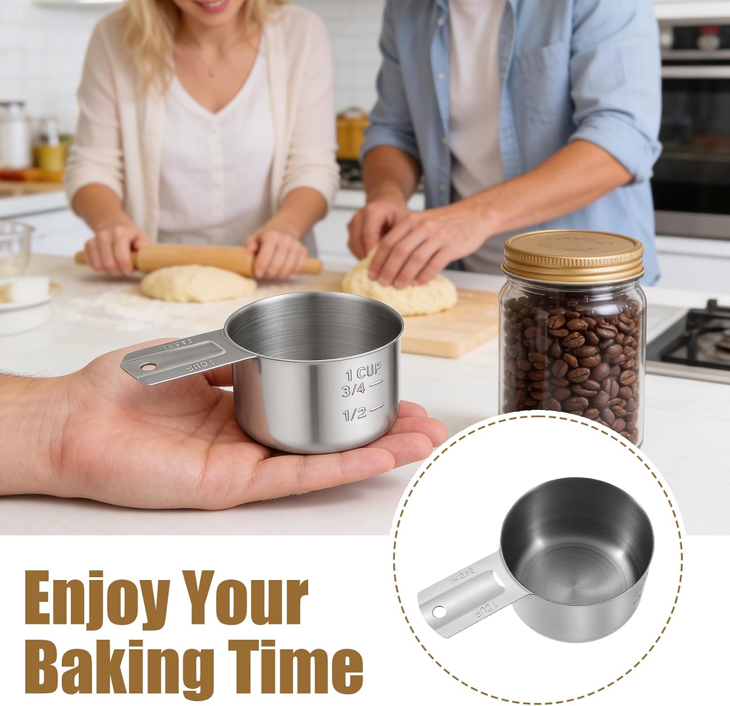 Stainless Steel Measuring Cup 1 Cup 240ml 8oz Single Measuring Scoop for Coffee Rice Dog Food Wet and Dry Ingredients Easy-Pour Spouts Dishwasher Safe Kitchen Essential