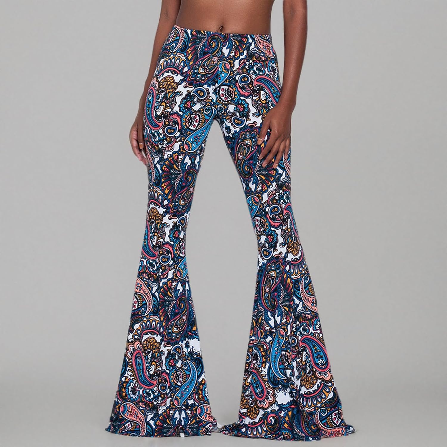 Women High Waisted Fit Flare Ethnic Paisley Floral Bell Bottoms Yoga Pants Flared Leggings - Image 4