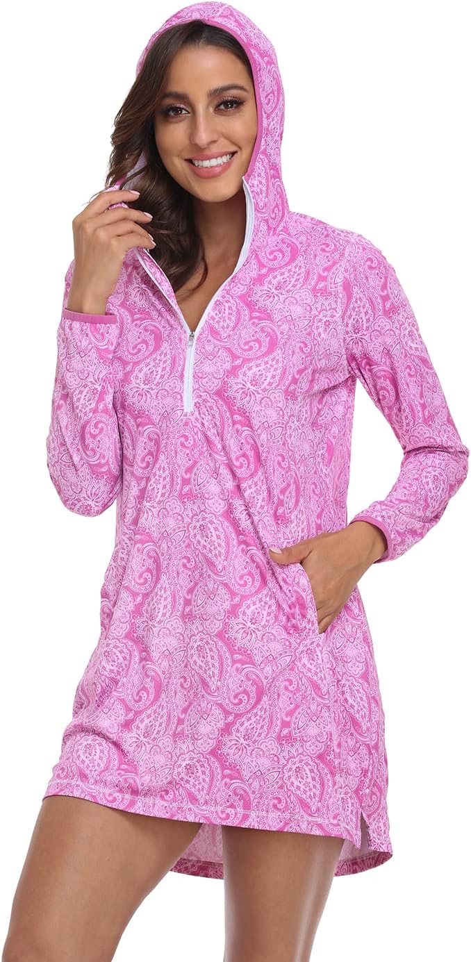 HDE Beach Coverups for Women UPF 50 Long Sleeve Swim Cover Up Dress with Hood Quick Dry Sun Protection Tunic with Pockets - Image 2