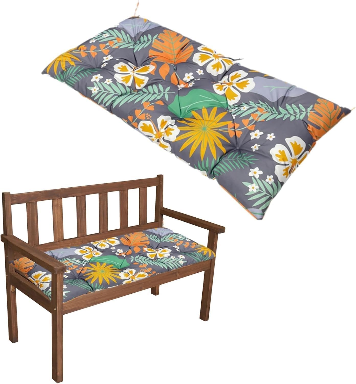 Outdoor Bench Cushions for Patio Furniture, 2-3 Seater Waterproof Lounge Seat Cushion with Ties, Swing Seat Pads for Wicker Loveseat(Yellow Leaves,59x20in)