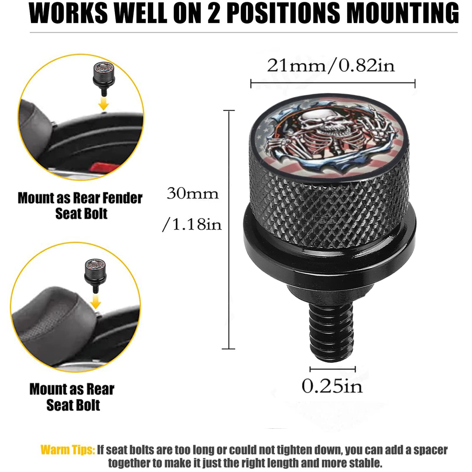 2 PIÈCES Vis de siège de pare-boue moleté en acier inoxydable filetage 1/4"-20 compatible avec Harley Sportster Touring Softail Dyna CVO Electra Glide Street Glide 1996-2020 - Blue Flame Middle Finger