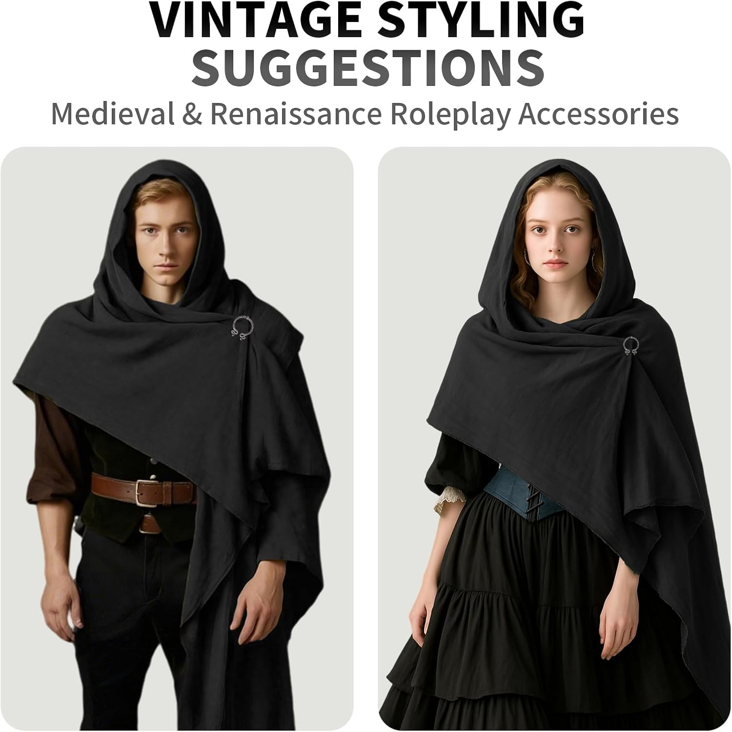 Renaissance Costume Men Shawl Scarf - Adjustable Loose Cape with Brooch Medieval Costume Cloak for Cosplay, Masquerades (Black)