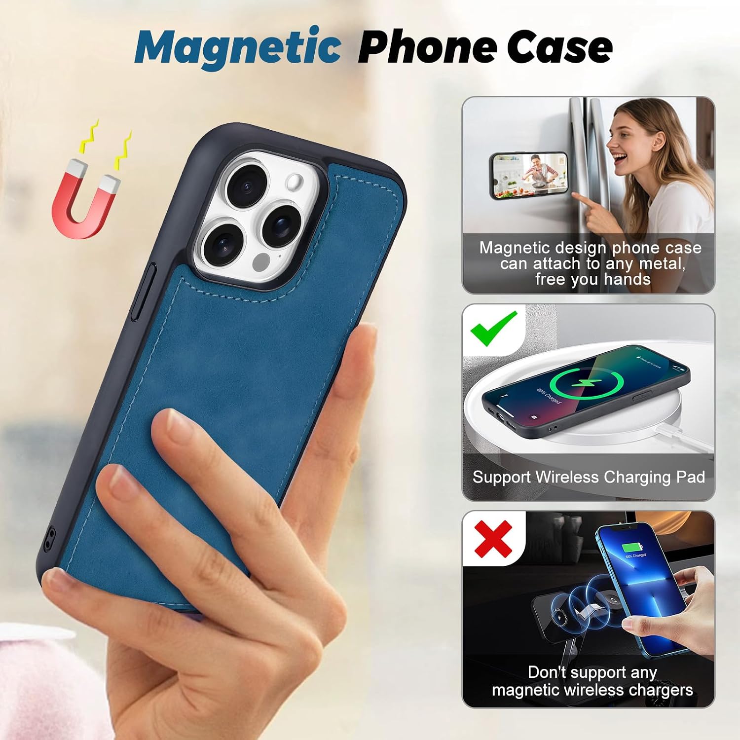TwoHead for iPhone 14 Pro Wallet Case with 11 Card Holders,Navy Blue image 5