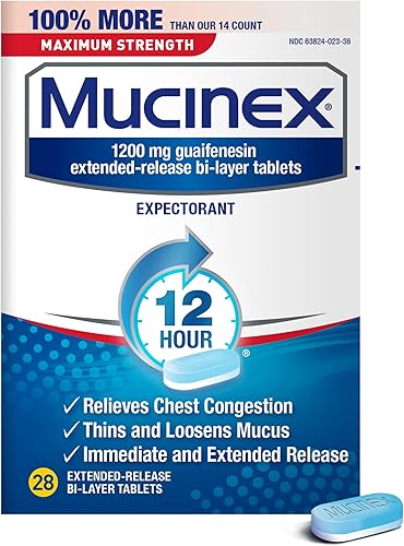 Mucinex Comprimidos de alivio expectorante de congestiĂłn de pecho de 12 horas 1200 mg 28 unidades adelgazan y aflojan el moco Mucinex Comprimidos de alivio expectorante de congestiĂłn de pecho de 12 horas 1200 mg 28 unidades adelgazan y aflojan el moco