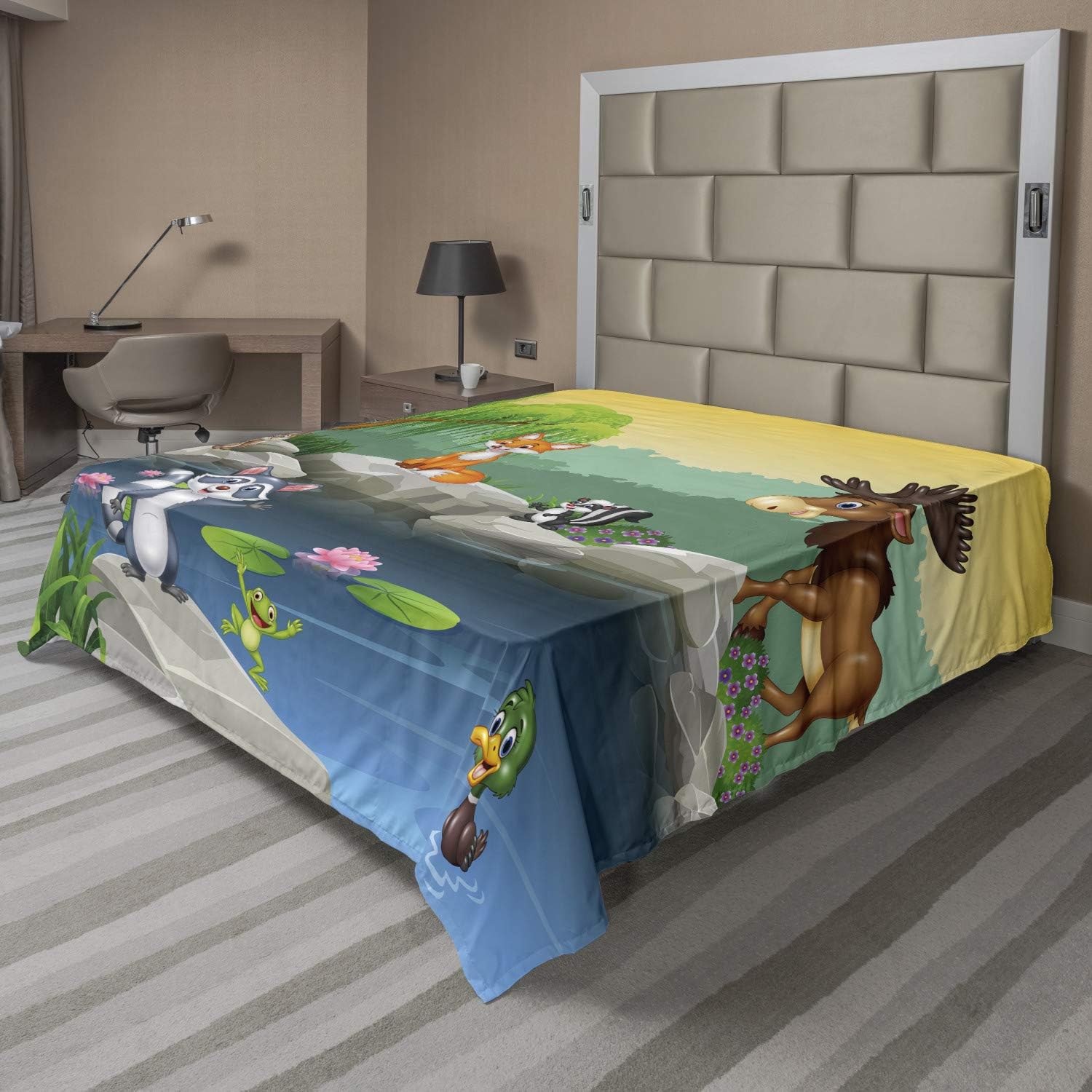 Ambesonne Cartoon Flat Sheet, Colorful Scene of Animals Happy Smiling Faces Digital Illustration, Soft Comfortable Top Sheet Decorative Bedding 1 Piece, Full Size, Lime Green and Multicolor