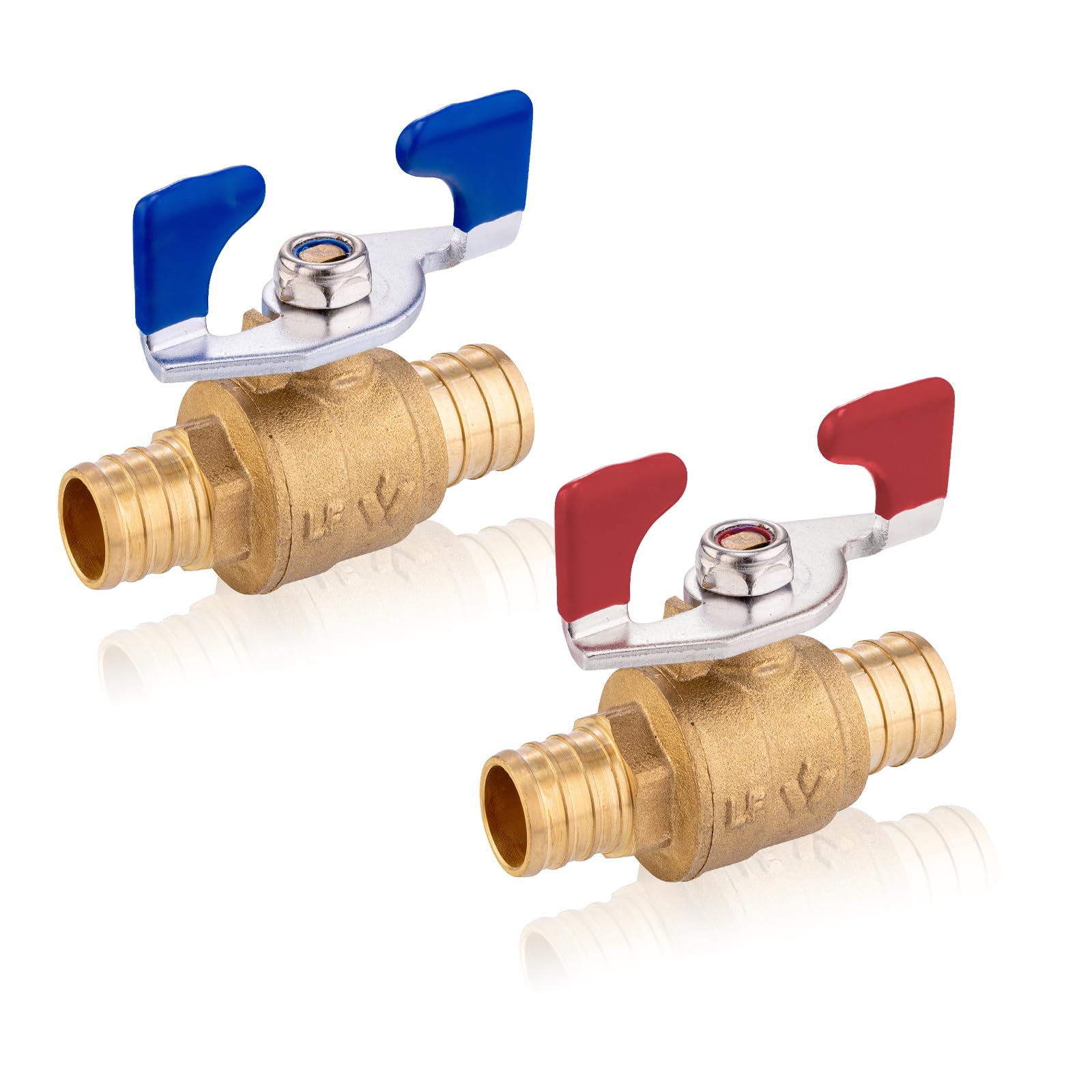 PEX - Válvula de bola de crimpado con mariposa, válvula de cierre de puerto completo PEX de 3/4 pulgadas para agua caliente (rojo) fría (azul) (1 pieza azul y 1 pieza roja)