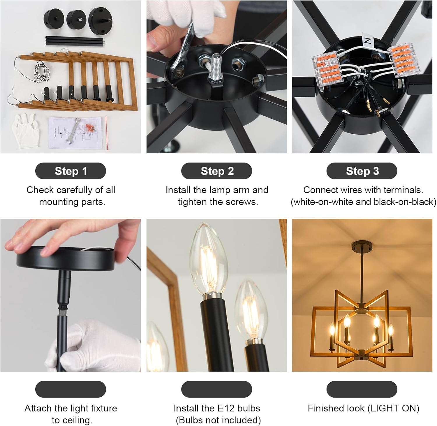 6-Light Farmhouse Chandelier, 21.3 Inch Brown Rustic Chandelier for Dining Room, Adjustable Height Wood Texture Pendant Light for Kitchen Island Entryway Bedroom Hallway