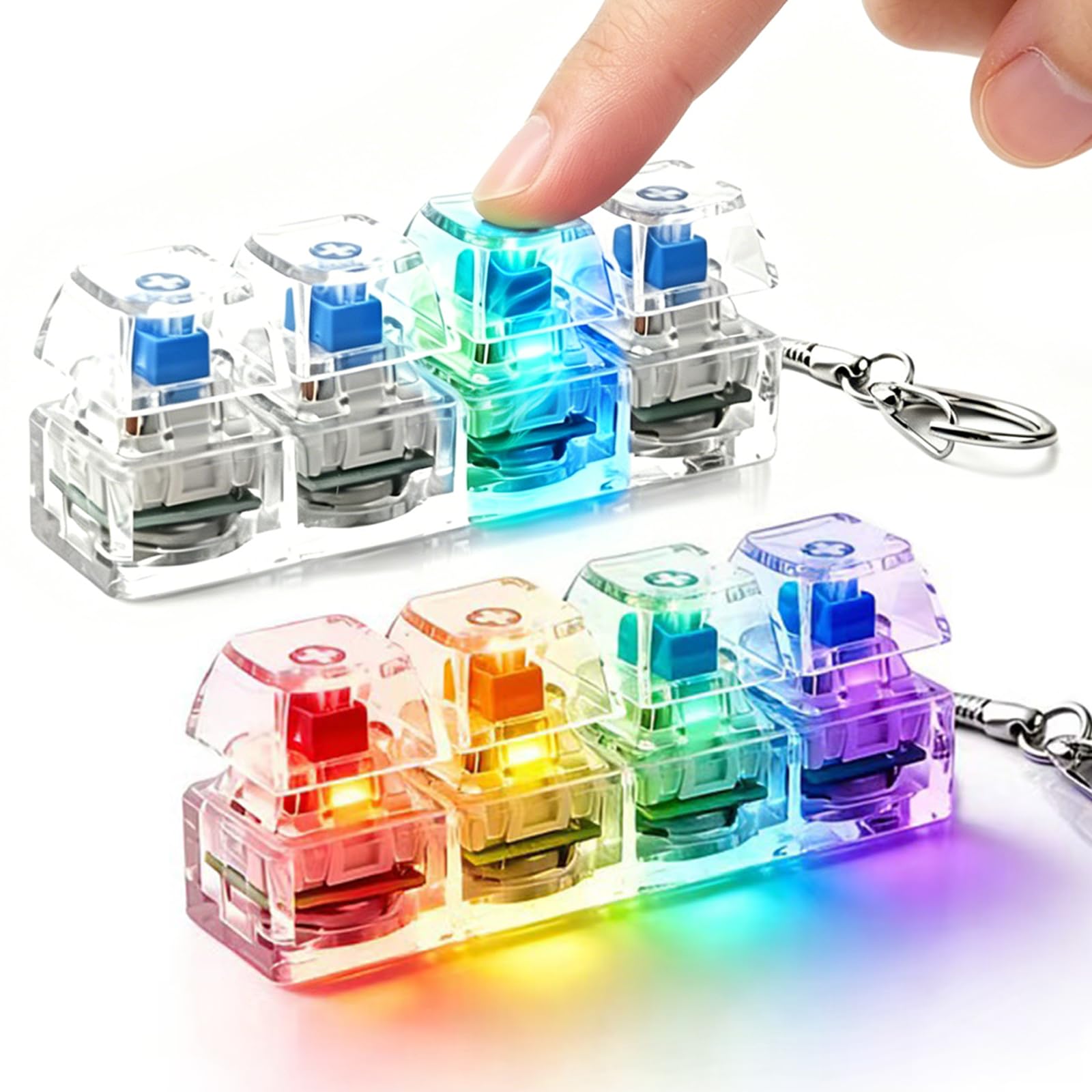 2PCS Keyboard Fidget Toy, 4-Key Mechanical Clicker Fidget Toy with RGB Light Up, Portable Fidget Keyboard Stress Relief Toy for Office Workers, Mini Keyboard Fidget Keychain for Daily Relax