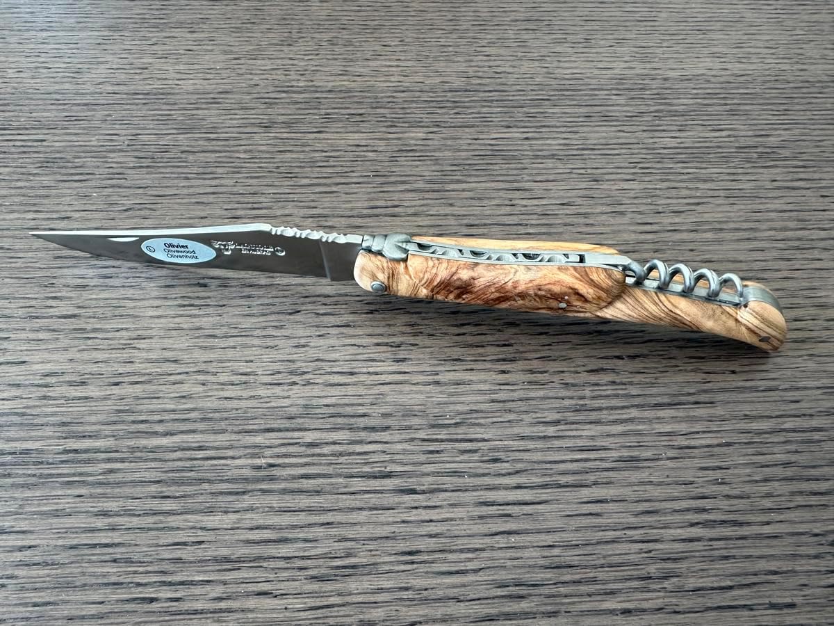 Laguiole en Aubrac Handmade Luxury Folding Pocket Steak Knife with Corkscrew, 4.8-in (12cm), Olive Wood Handle