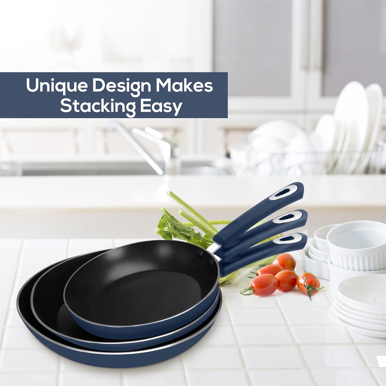 Utopia Kitchen Nonstick Frying Pan Set - 3 Piece Induction Bottom - 8 Inches, 9.5 Inches and 11 Inches- Ceramic Interior - (Midnight Blue)