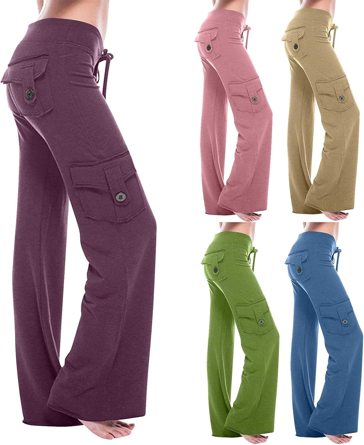 Wide Leg Yoga Pants for Women Drawstring Elastic Waist Workout Cargo Pants with Pockets Stretchy Loose Lounge Pants