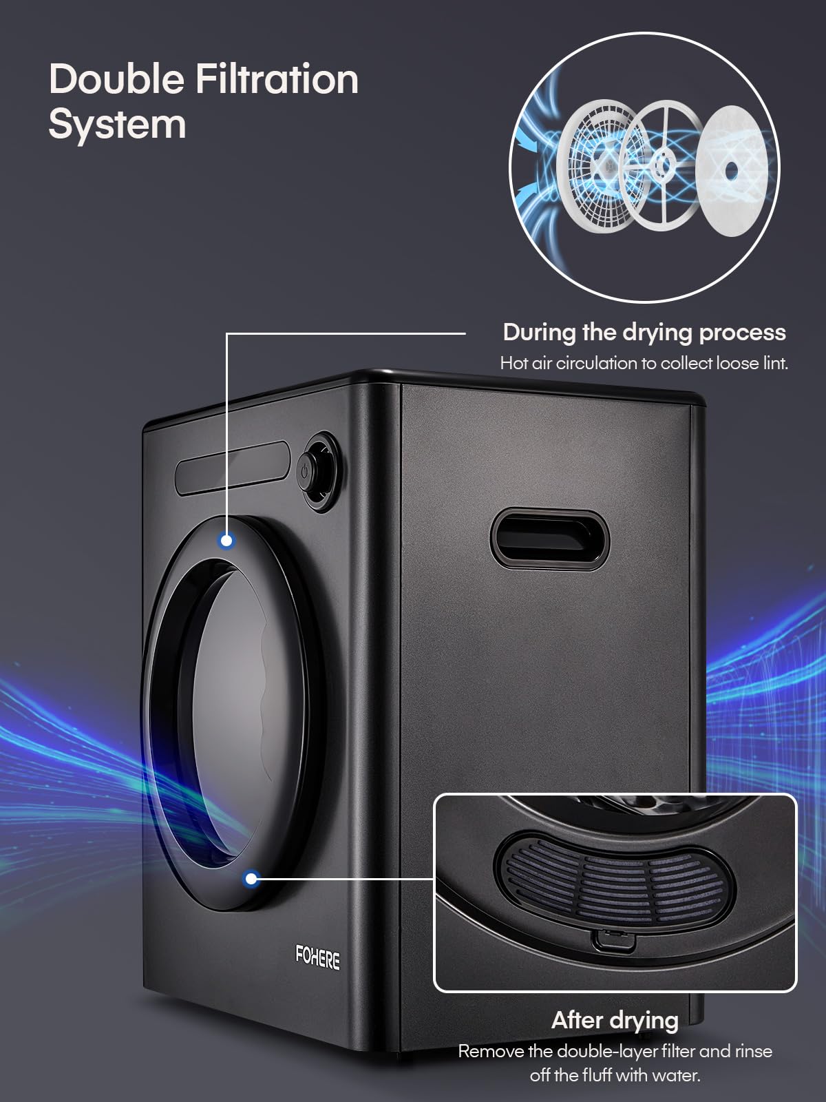 Sèche-Linge 4KG Compact à Evacuation 1200W 6 Programmes Séchage Intelligent Protection Anti-Froissage Ecran Tactile LED Noir