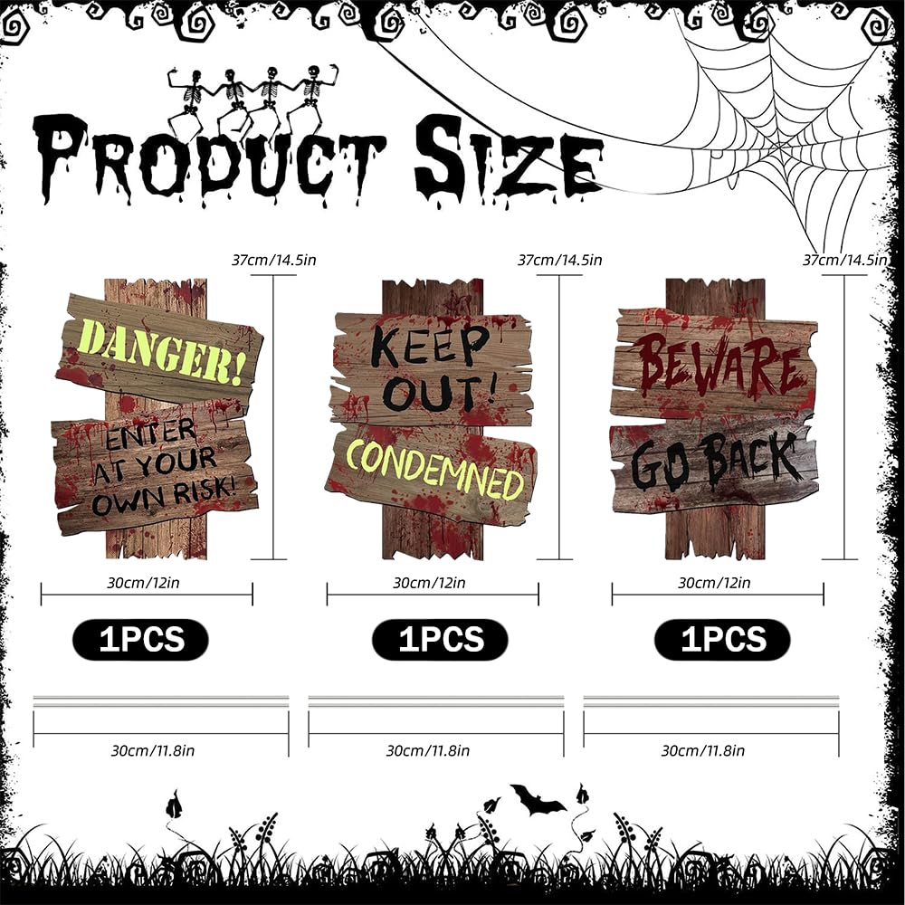 Tabliczki ostrzegawcze na Halloween, 3 sztuki, dekoracja na Halloween, dekoracja z horroru, Helloween, na imprezę, do użytku na zewnątrz, zestaw dekoracyjny ze szpikulcami do wbijania w ziemię,