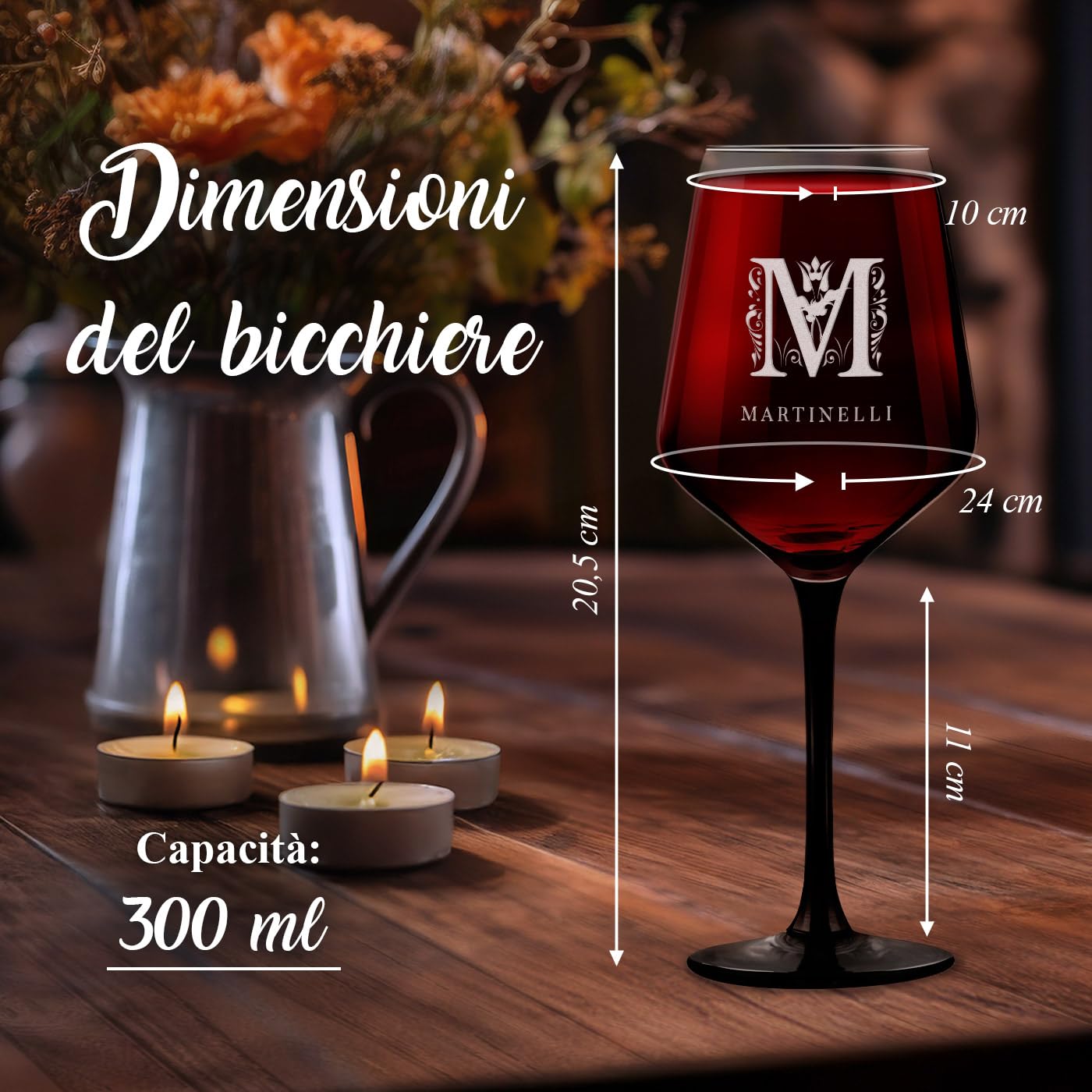 Maverton 2 Calici da vino Rubino - incisione personalizzata - 300 ml - con gambo nero - pensiero speciale per nozze - adatti per vino secco e dolce - unici per coppia - regalo di Natale - art decò