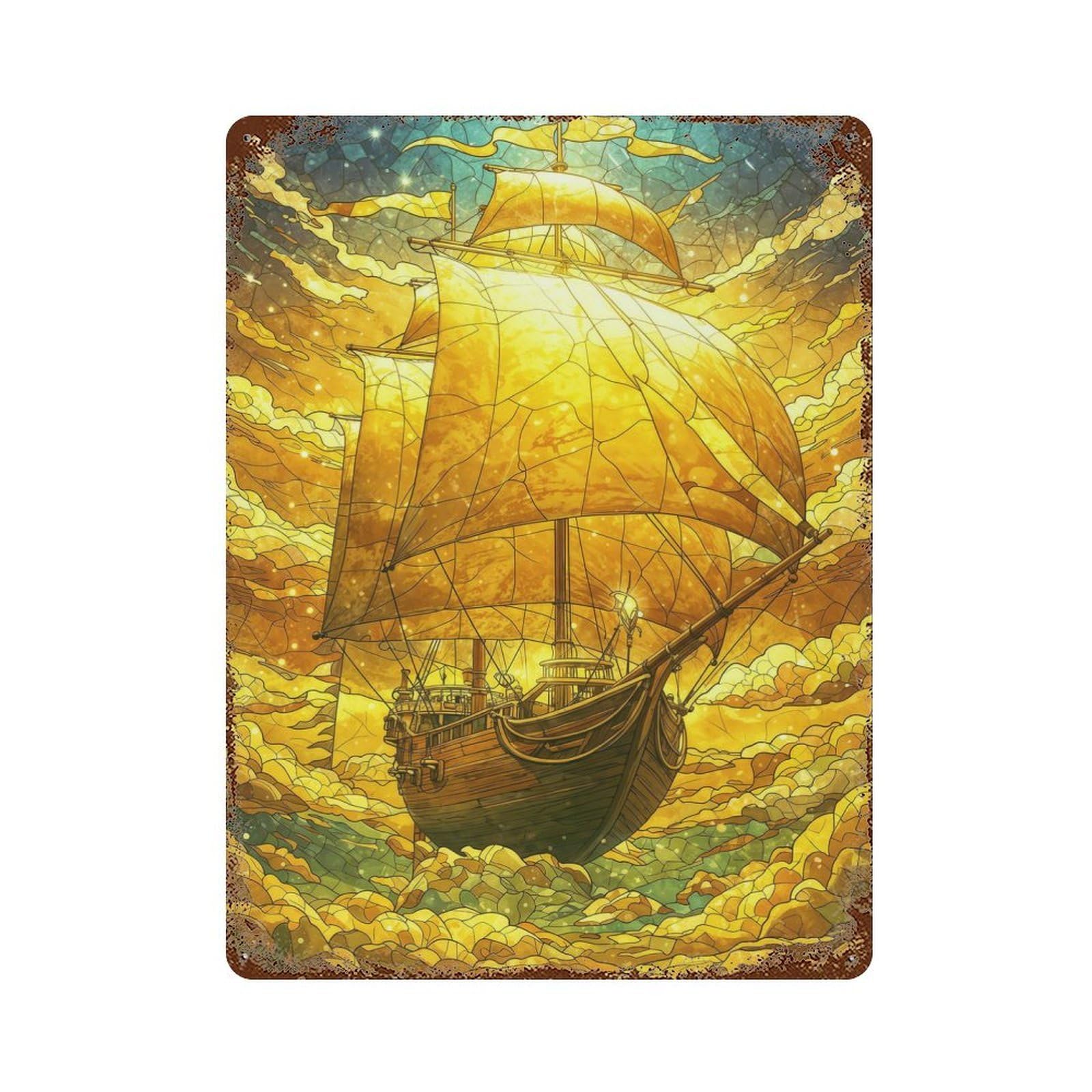 Golden Ship in The Clouds Vintage Wall Sign 15.7"x11.8", Rust Effect Metal Decor for Living Room, Hallway And Home Decor