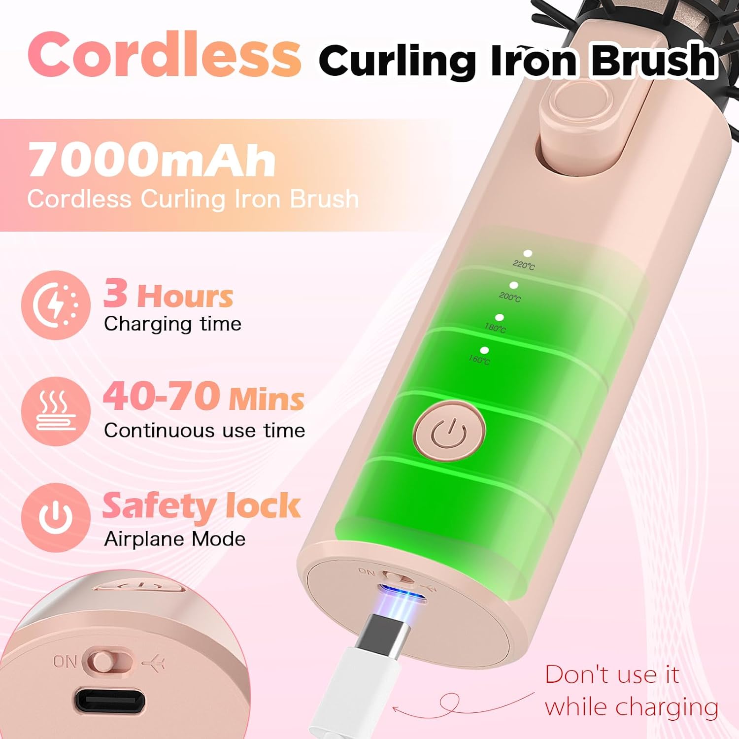 Cordless Curling Iron Rechargeable, 3-in-1 Portable Wireless Hair Curler Straightener Brush, 7000mAh with 4 Temps, Anti-Scald & Anti-Frizz Mini Curling Wand for Travel Styling (Pink)