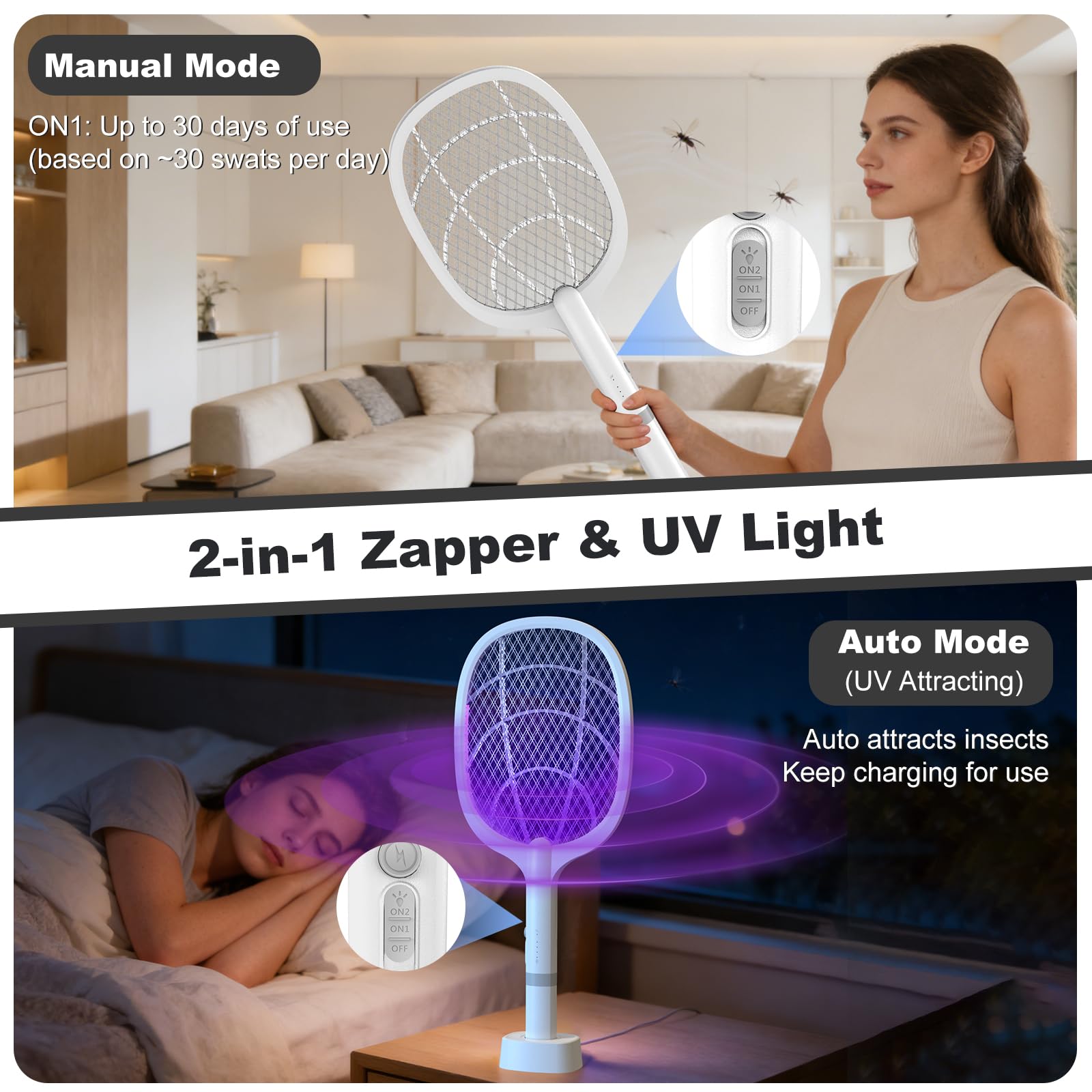 Elektrische Fliegenklatsche 5000V, 2 in 1 USB Type-C Elektrische Mückenklatsche mit Akku Wiederaufladbar & UV Lichtfalle für Mücken, Fliegen, Wespen, Motten