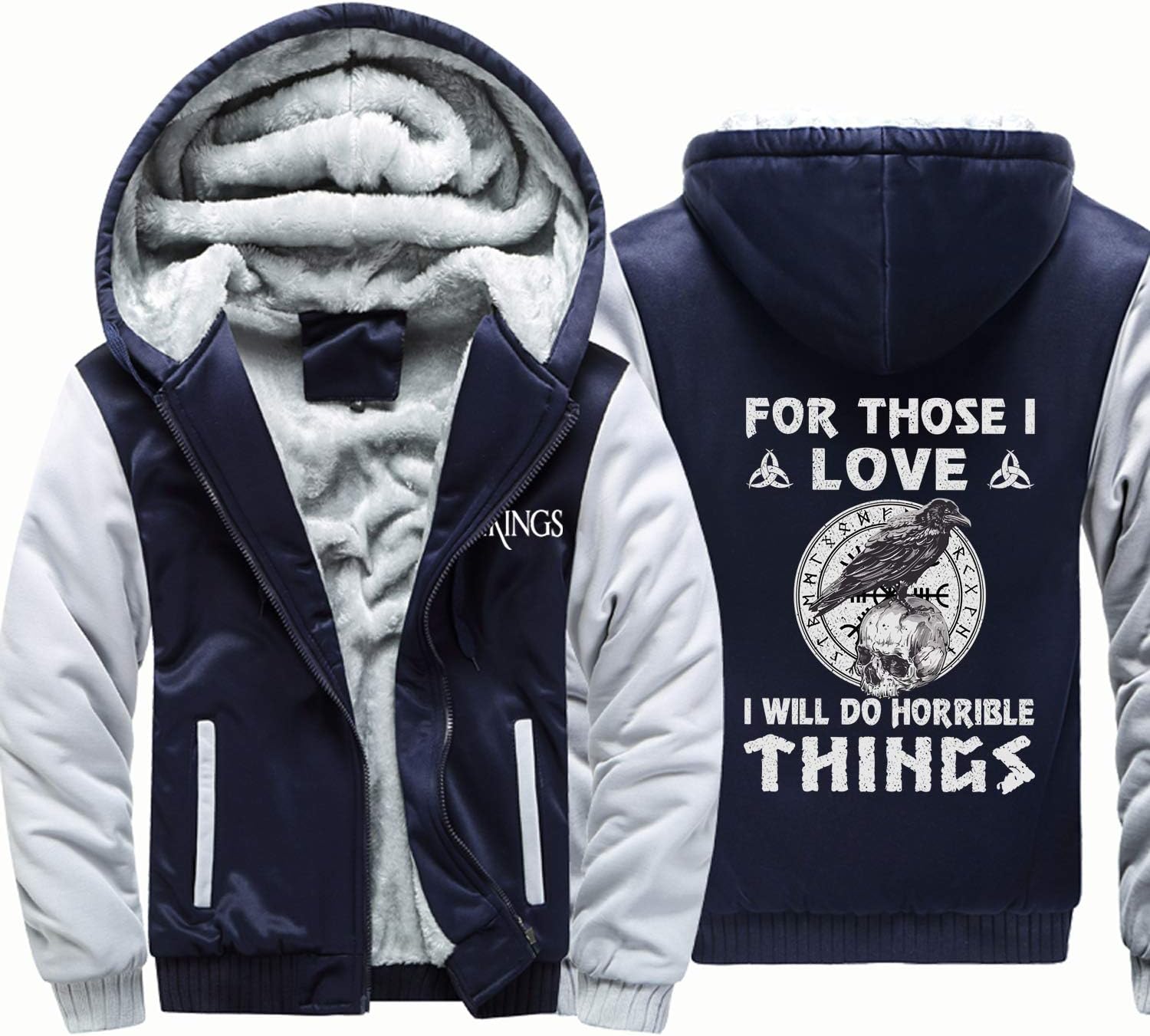 Viking Thick Fleece Full Zip Up Hoodie,Unisex Norse Raven Skull Printed Warm Sweatshirt,Heavyweight Winter Jacket,Light Gray Blue,L