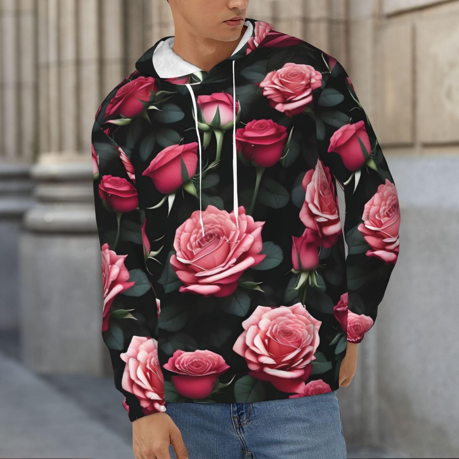 Męska bluza z kapturem z kwiatem róży z wieloma nadrukami, casualowa grafika z nadrukiem bluzy z kapturem z kieszenią