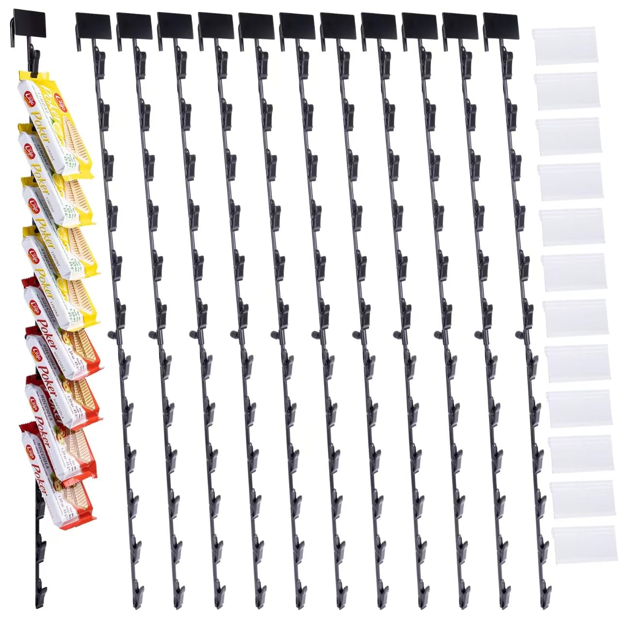 Oleitodh 12Pcs Merchandising Hanging Strips with Hooks, 31 Inch Chip Rack with Label Header and 144 Clips, Potato Chip Bag Holder for Party,