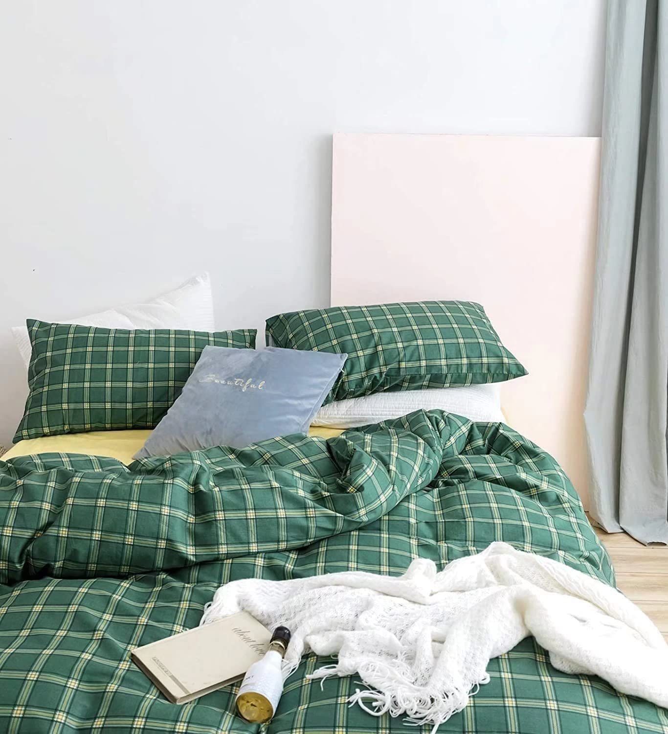 Houseri Green Plaid Comforter Set Full Green Grid Bedding Full Size Green Buffalo Checkered Comforter Sets Emerald Green Bedding Set Full Jade Green Grid Bedding Teen Boys Girls Green and Yellow Quilt