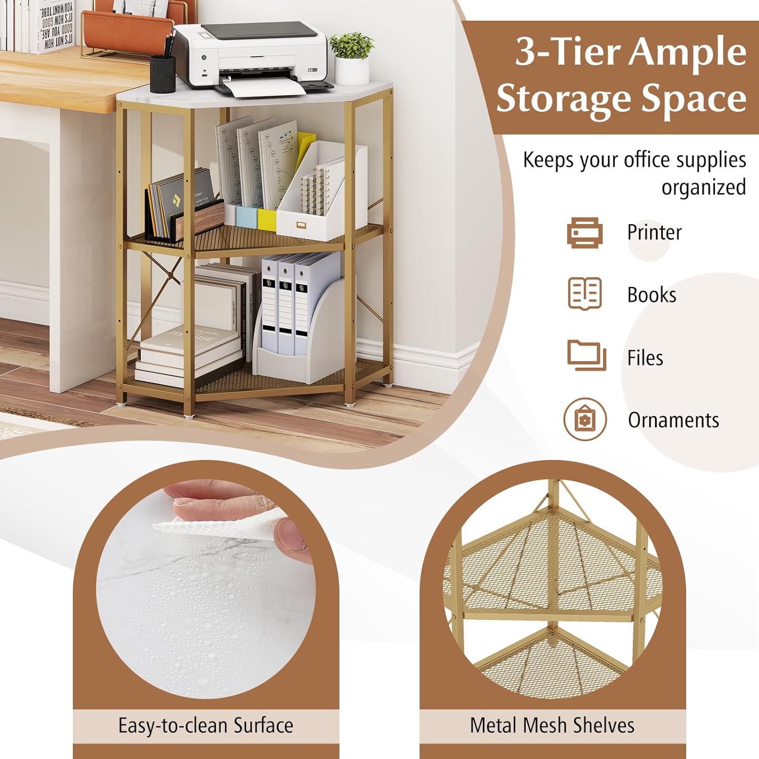 GOFLAME Corner Printer Stand with Charging Station, Freestanding 3-Tier Printer Table with Adjustable Metal Mesh Shelf, Storage Rack Organizer for Home Office Living Room (White)