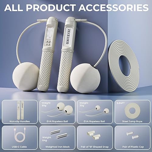 Miniatura 6 de Cuerda de saltar inteligente con pantalla LED y contador de saltos, diseño inalámbrico con peso para gimnasio en casa y HIIT, alambre de acero