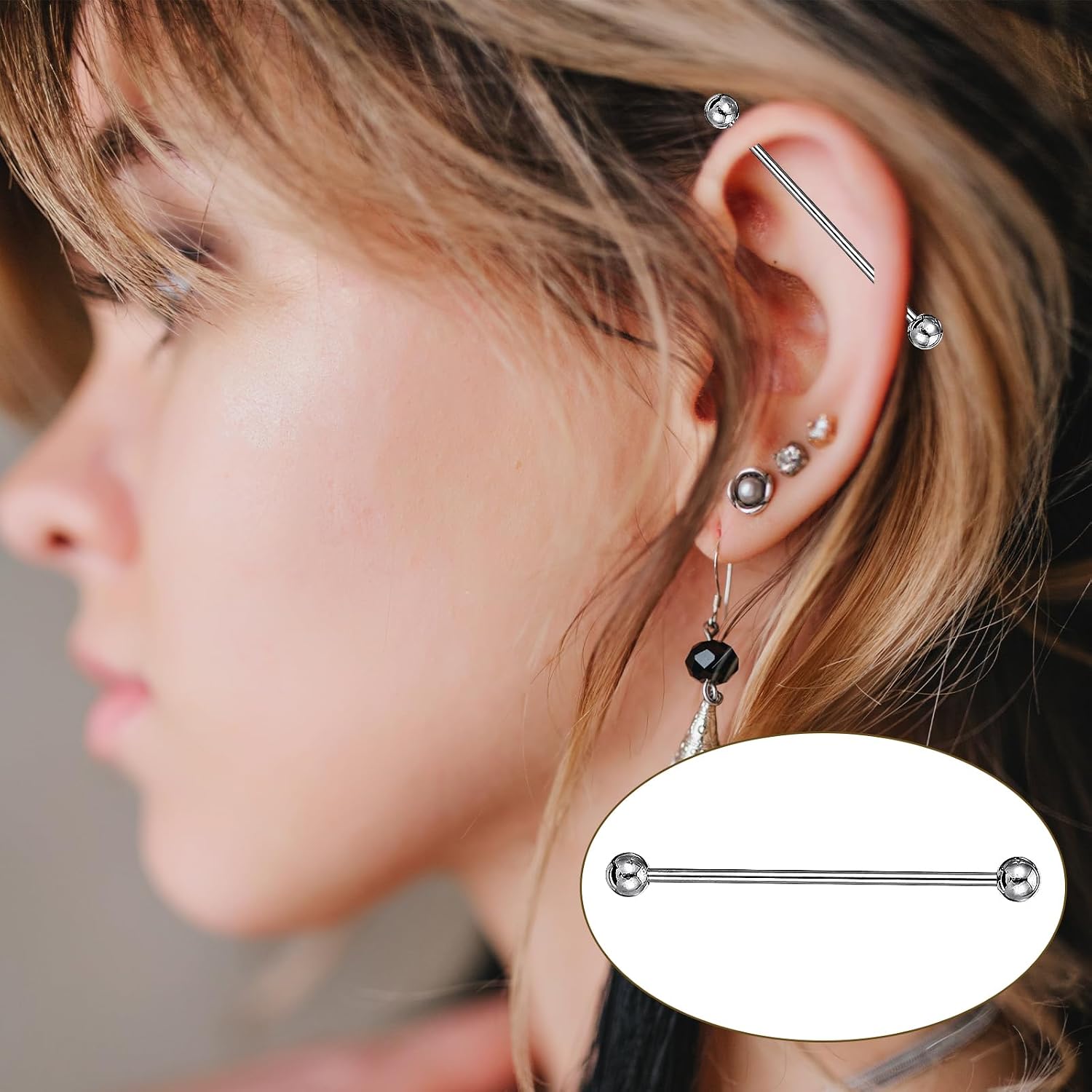 Tucnoeu 6pcs 14G Industrial Piercing Jewelry, Cartilage Helix Piercing Earring, Surgical Steel Industrial Barbell Earrings, Silver for Women Men