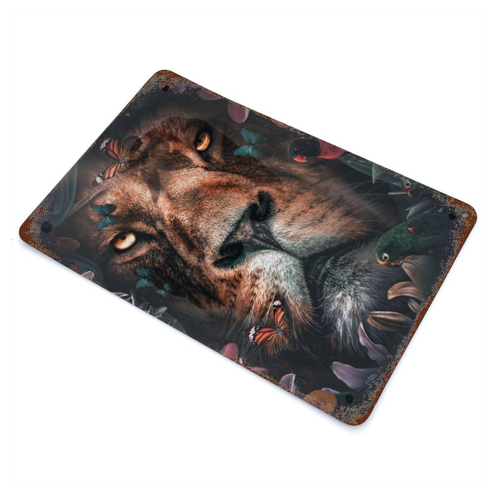 Rust Effect Floral Lion Decorative Tin Sign 11.8"x7.9", Classic Wall Plaque for Pub, Kitchen And Man Cave Decor