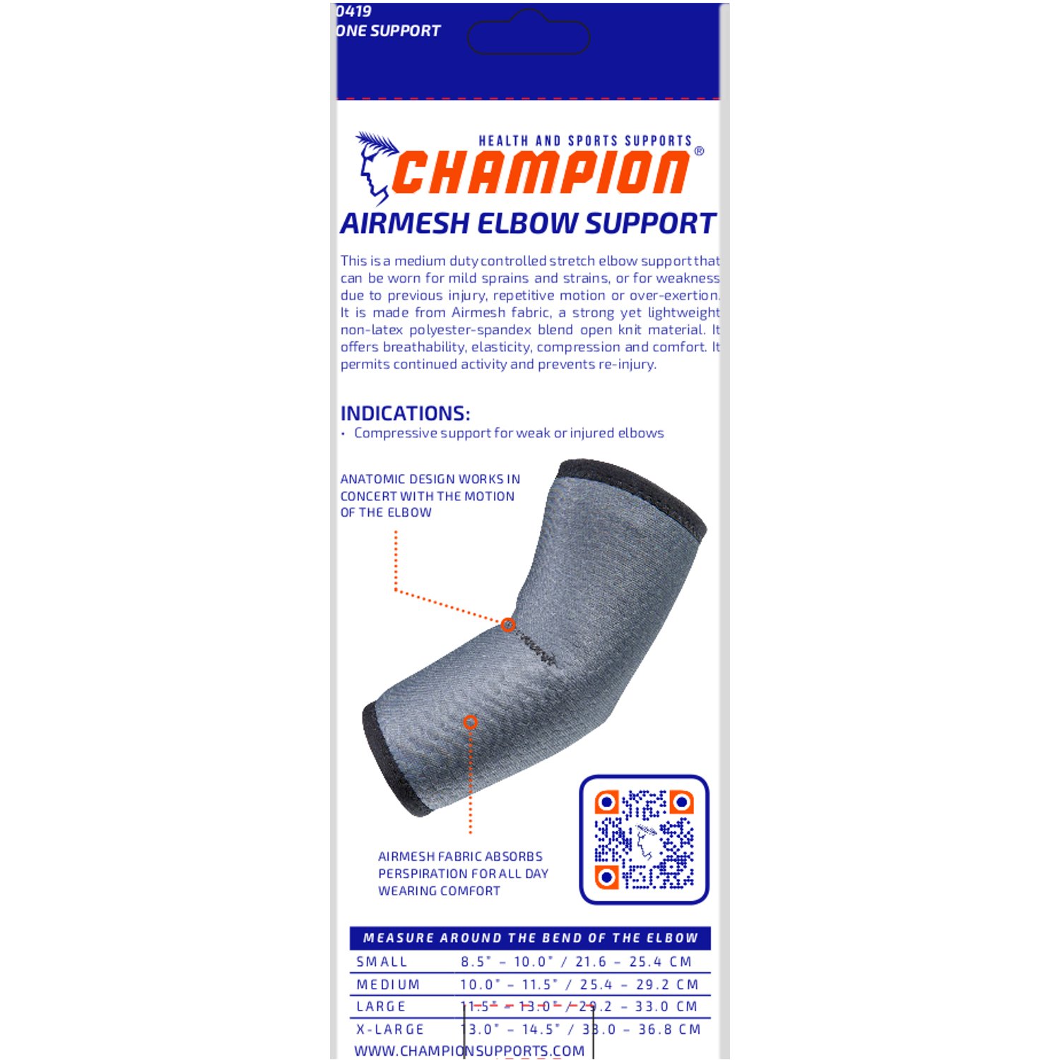 Champion Elbow Brace, Lightweight Support, Airmesh Fabric, Grey, Small