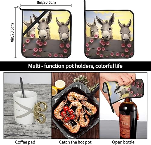 Miniatura 6 de Juego de 2 soportes para ollas con estampado de burro y flores, resistentes al calor, antideslizantes, impermeables, con lazo para microondas,