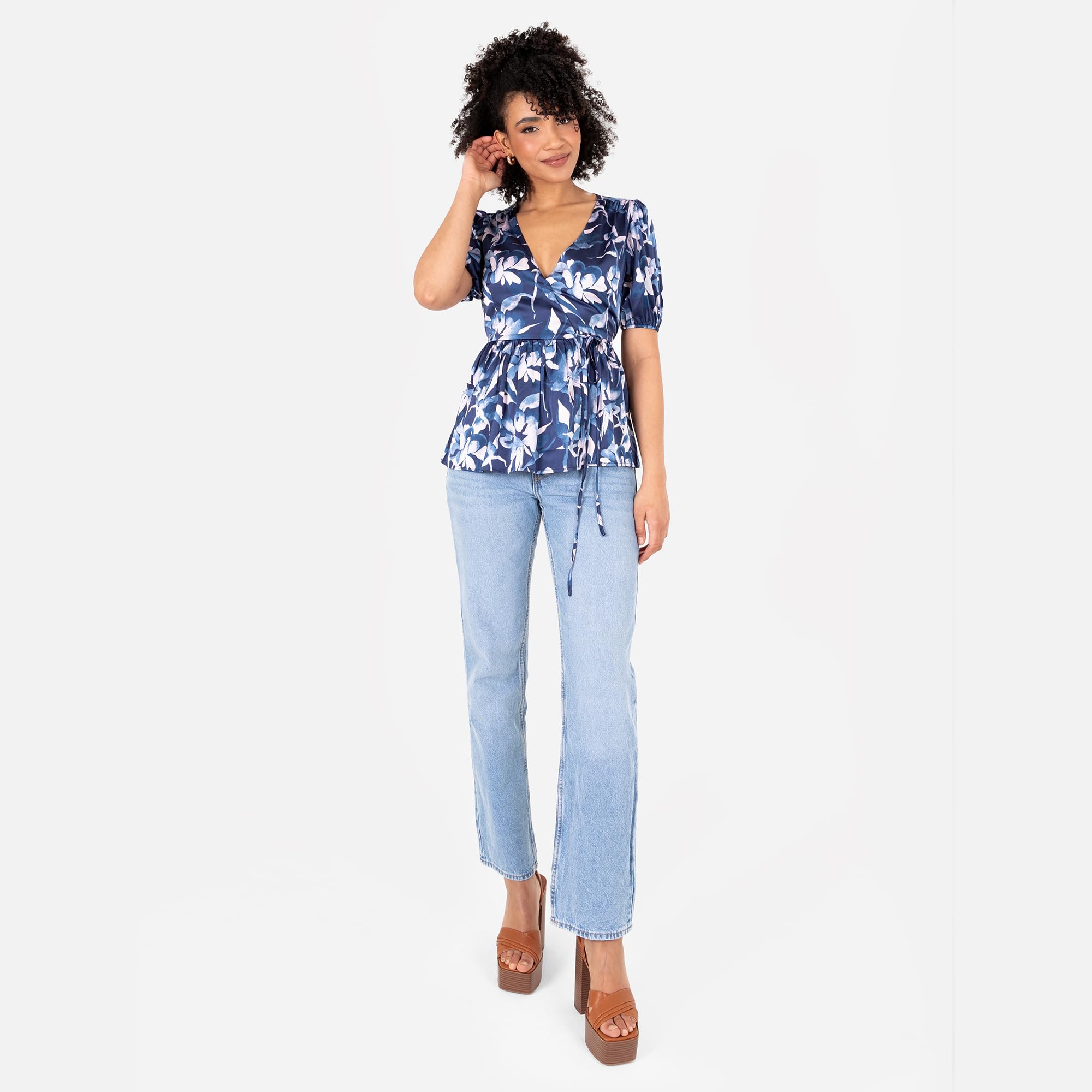 Lovedrobe Women's Ladies Wrap Top Short Puff Sleeve V-Neck Floral Floral Print Peplum Satin Blouse Smart Casual Office Wear Blouse Femme (Lot de 1)