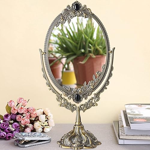 Miniatura 5 de Hsiwto Espejo de maquillaje vintage de doble cara, espejo de escritorio de maquillaje de mesa de metal de aleación con rotación de 360 grados,