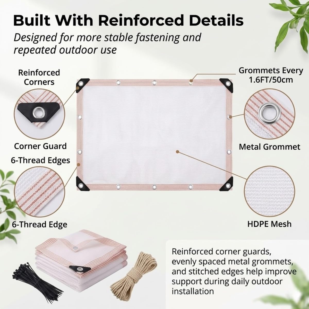 Tela de Sombra Blanca 50% con Ojales, Malla de Sombreo HDPE para Invernadero, Toldos Exterior Terraza, Malla Ocultacion para Verduras, Gallinero, Perrera, Patio(6X7M)