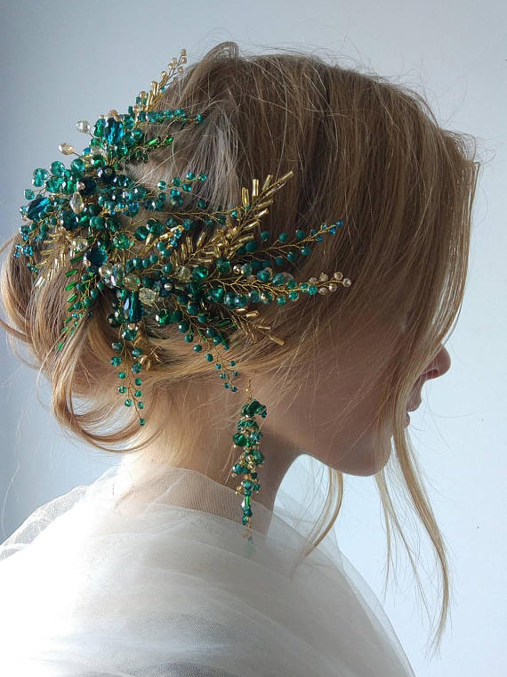 FXmimior Bridal Hair Accessories Crystal Headband Vintage Bluish Green Gold Hair Vine Diadem Tiara Evening Party Customised Wreath Wedding Headpiece