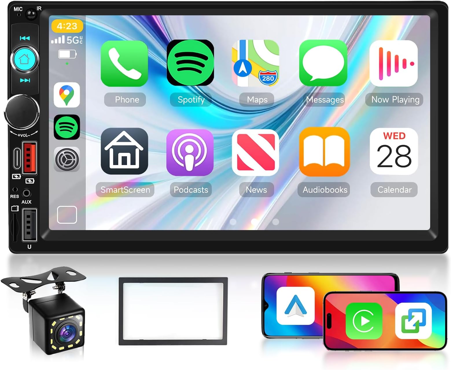Double Din Car Stereo with Wireless Carplay & Android Auto, 7 Inch HD Touch Screen Bluetooth,MP5 Car Radio with FM Radio, Mirror Link,USB/AUX/TF,MP5 Multimedia Player with Backup Camera