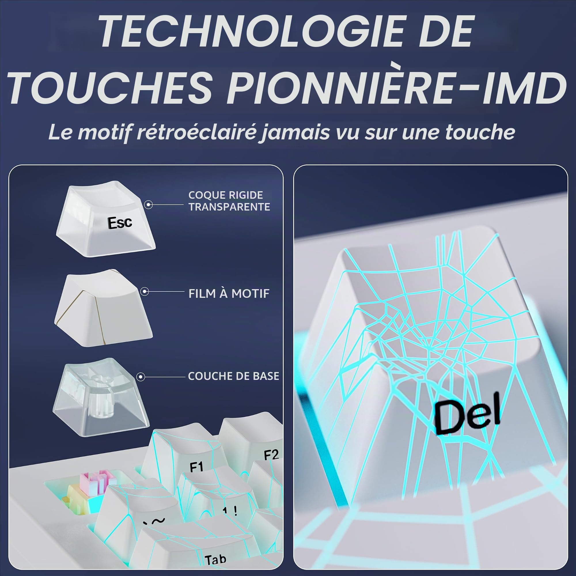 ZORNHER ZH870 Clavier mécanique sans Fil 80% TKL, Touches Toile d’araignée Blanche, switches Sakura linéaires, RGB, Hot-swappable
