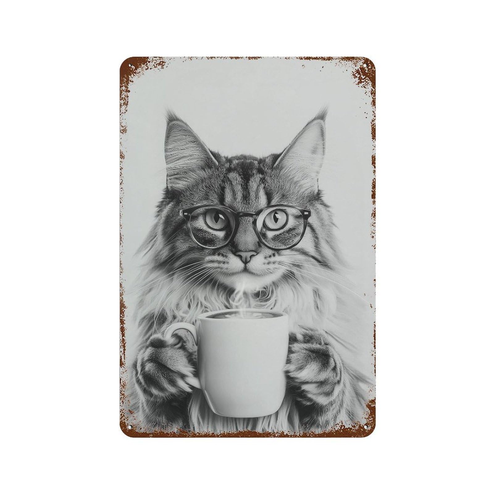 xiaoxiaoshen Maine Coon Cat Drinking Coffee Wall Art Wall Decor Art Metal Tin Poster Modern Home Decor Art Home Bar Shop Decorations Vintage Sign 30x20cm