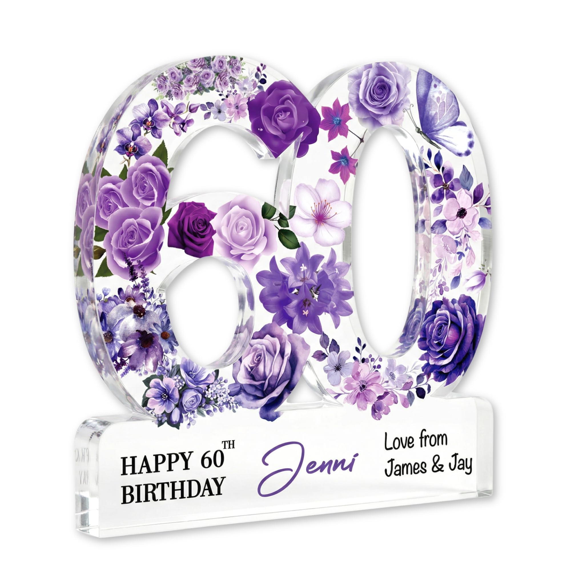 MyKeepsy Personalised 60th Birthday Plaque – Custom Name & Message Acrylic Keepsake, Floral 60 Decoration Gift for Women & Men, Available in 6 Colours (Purple Floral)