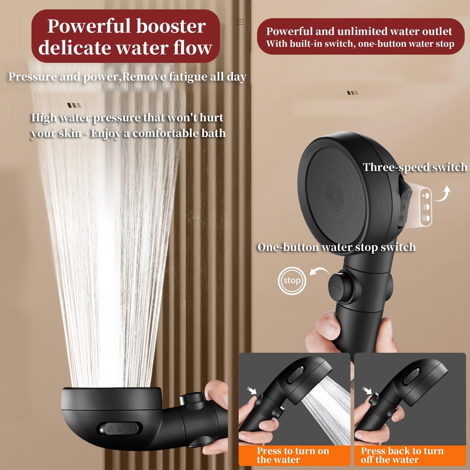 Cabezal de ducha de mano de alta presión, cabezal de ducha filtrado de cuatro velocidades para un fácil lavado, conveniente para inodoros, suelos y fregonas
