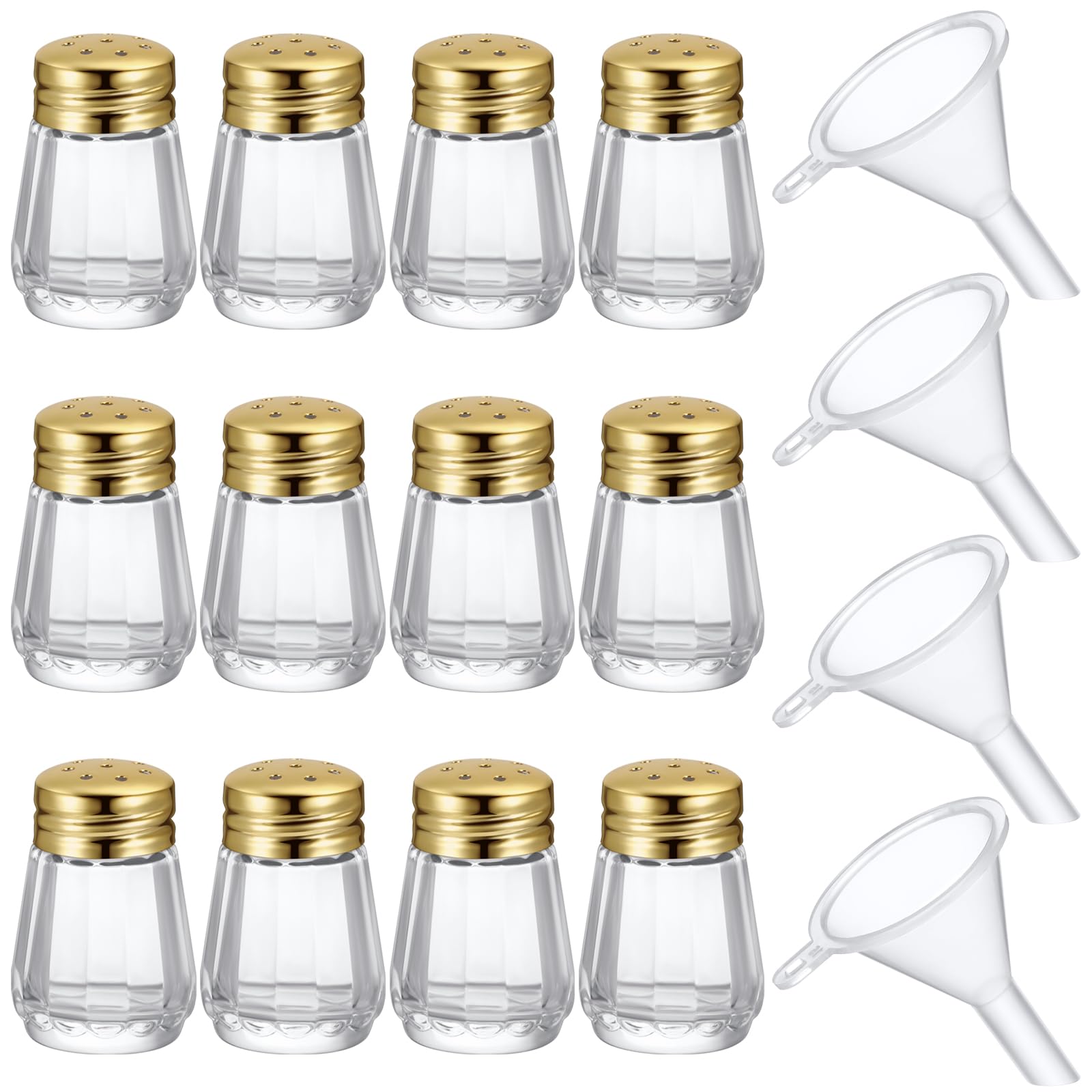 12 Pcs Cube Shape Mini Salt and Pepper Shakers Bulk 0.5 oz Small Cube Glass Spice Shaker with Plastic Mini Funnels for Wedding Kitchen Restaurant Travel Camp Party (Golden)
