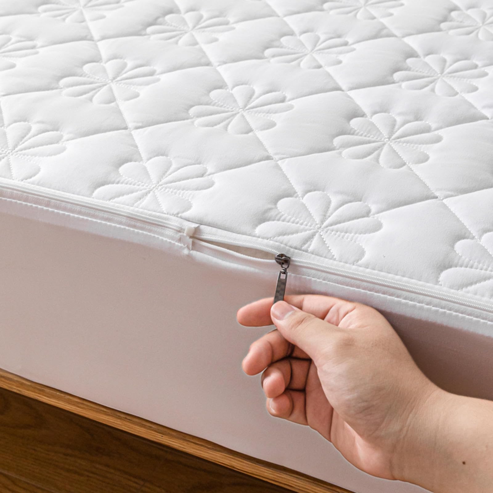 Coprimaterasso trapuntato, con angoli, per letti singoli/matrimoniali/king size, lavabile e spesso, design con cerniera, B160 x 200+25 cm