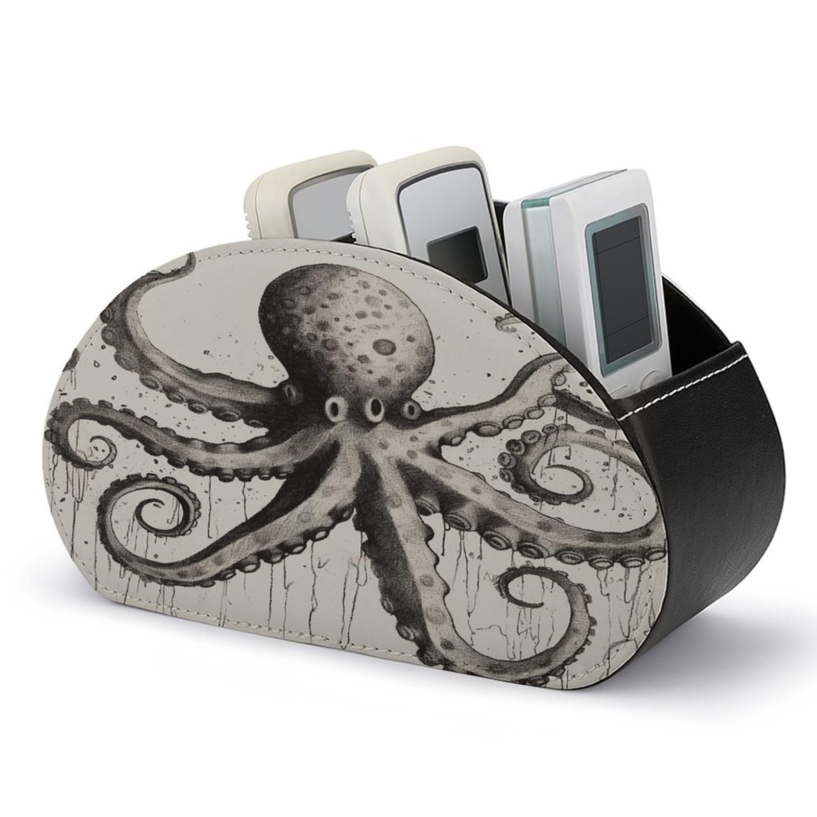 FekiLoot Leather TV Remote Control Holder with 5 Compartments Multifunctional TV Remote Holder Bedside Table Remote Caddy Storage Box Octopus Remote Organizer for Home Office