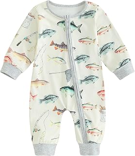 Gaono Newborn Baby Boy Girl Fishing Outfit Long Sleeve Zipper Fish Print Romper Jumpsuit Infant Coming Home Clothes