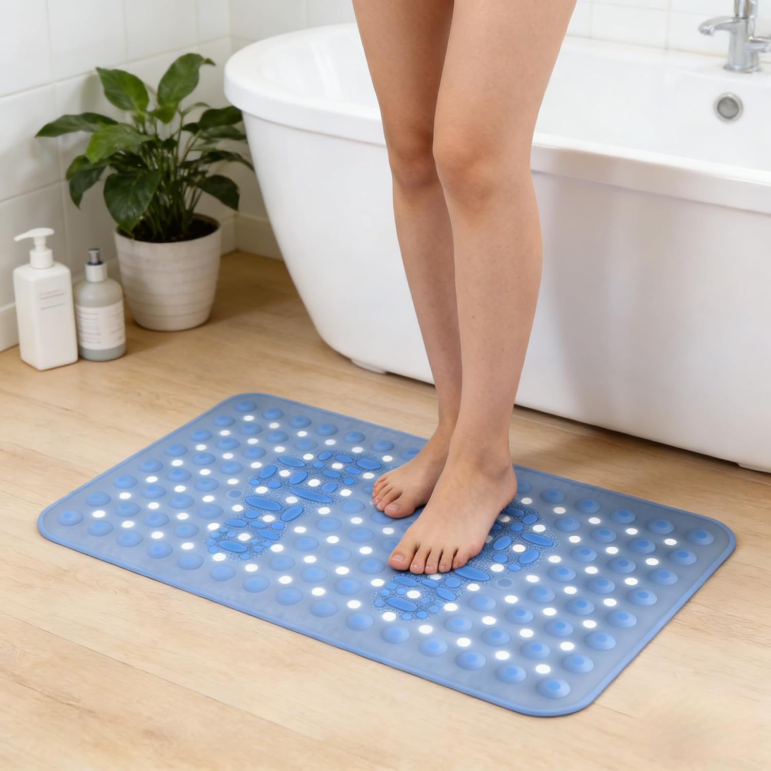 Silicone Bath Tub Shower Mat, Non Slip Upgraded Bathtub Mats, 27.6"x16" Shower Foot Scrubber Mat with Drain Holes and Suction Cups, Machine Washable Floor Liner Mats for Bathroom Essentials (Blue)
